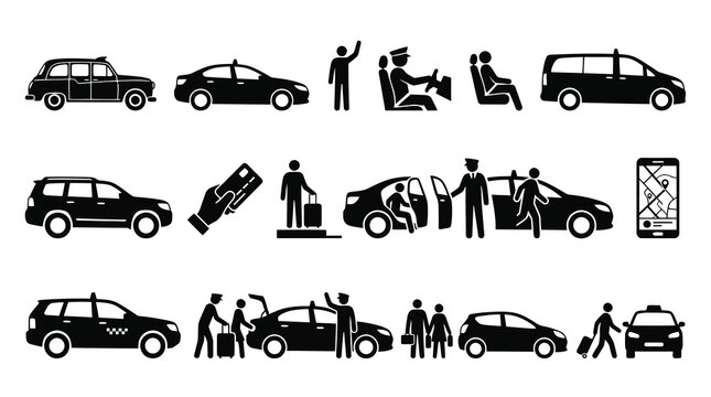 Black and white icons for car sharing, taxi and ride-hailing services