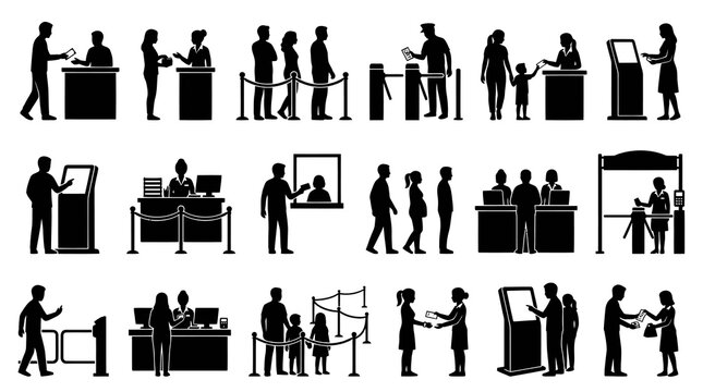 Customer Service, Ticketing  Access Control Silhouettes: People Queuing, Kiosks, Desks Vector Glyphs