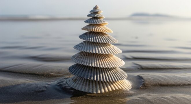 A delicate stack of smooth, weathered seashells forms a natural spire on a sandy beach near the ocean shore.