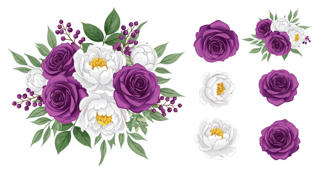 Elegant floral arrangement featuring deep purple roses and white peonies with green leaves and small berries.