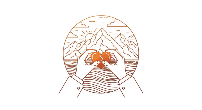 Hands holding two red hearts symbolising love and connection with scenic background