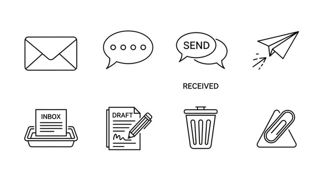 Email communication icons representing various aspects of digital messaging and correspondence.