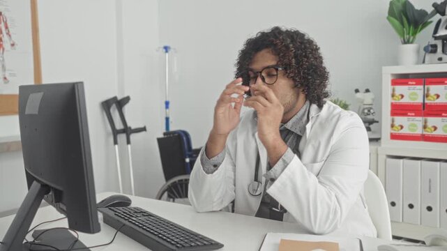 Man doctor rubs eyes with hand holding glasses, stethoscope on coat, sits at computer desk with medical chart and crutches in clinic building; fatigue.