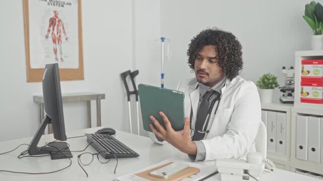 Man holds tablet with right hand and uses mouse with left hand, stethoscope on neck, in medical building; focused care.