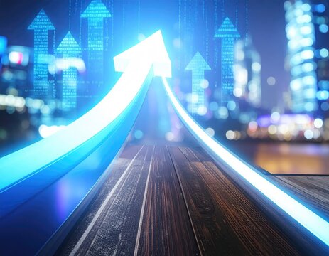 A glowing upward arrow extends from a wooden platform towards a blurred cityscape filled with digital code.