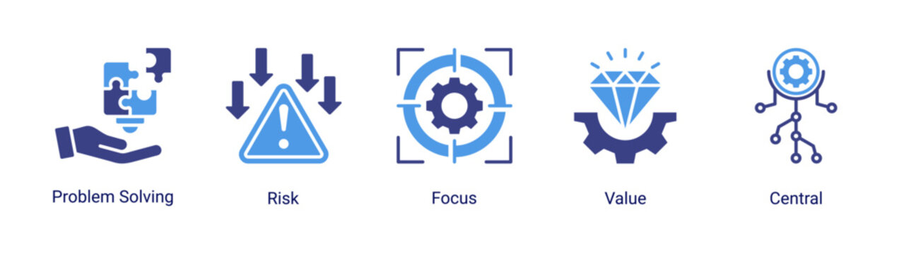 DevOps problem solving icon set with risk management,value focus and centralized system for effective solution workflow