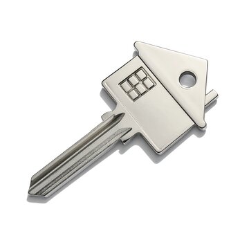 Metallic house-shaped key, symbol of home ownership and property
