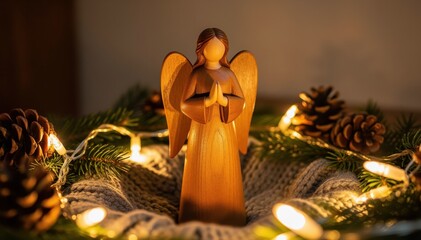 Fototapeta premium Wooden Angel of Devotion: A finely crafted wooden angel figurine radiates a sense of peace and serenity, surrounded by soft light. The angel is positioned in a cozy scene of festive warmth.