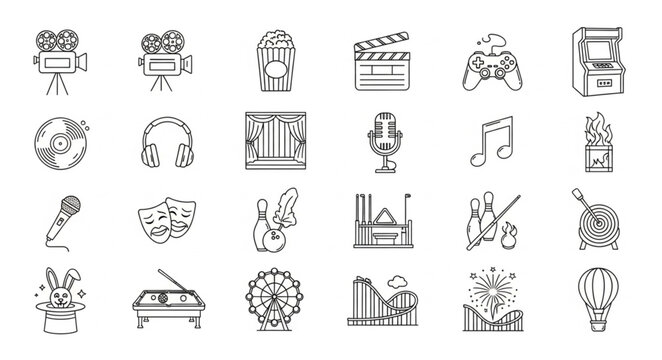 Collection of various entertainment and media related icons and symbols.