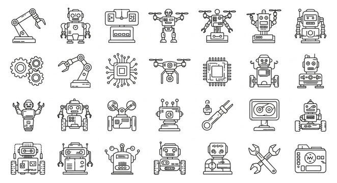 Collection of various robot icons representing technology and innovation in robotics.