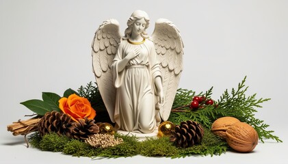 Fototapeta premium Guardian Angel's Serene Embrace: A radiant angel statue stands amidst a vibrant arrangement of natural elements, embodying peace, hope, and protection.