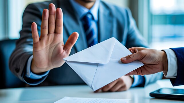 Businessman rejecting cash bribe during corporate meeting with anti corruption and ethical business concept