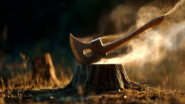 Axe embedded in stump with misty forest backdrop