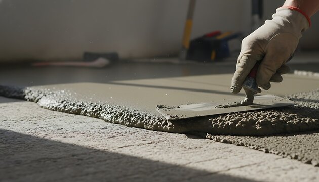 Construction worker leveling fresh wet concrete with a trowel on a floor