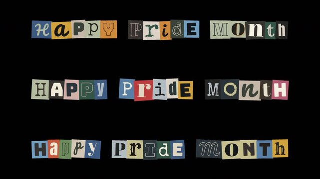 Happy Pride Month text in ransom note style with boiling animation on transparent background