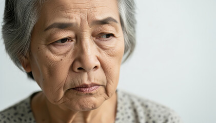 Fototapeta premium Solitude in Reflection: An aged woman with serene expression embodies a profound sense of inner peace. Her gentle gaze and the delicate lines etched upon her face reveal a lifetime of stories.