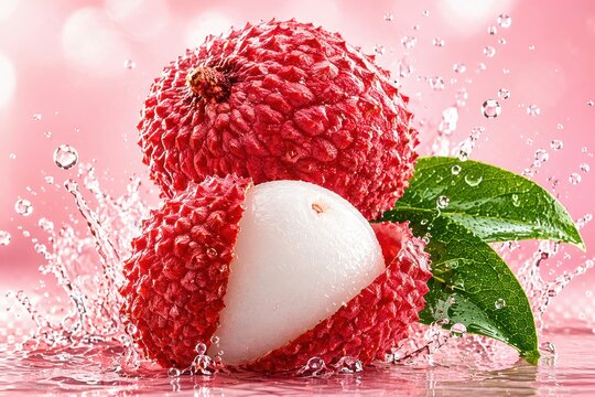 Fresh Ripe Lychee Fruit Splashing Water With Green Leaves Against A Pink Background