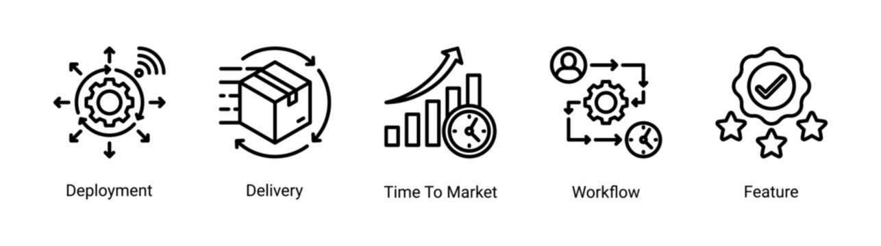 DevOps deployment icon set with delivery pipeline,workflow and feature release for fast time to market software