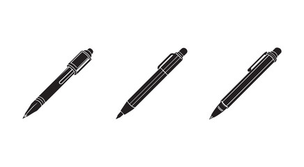 Fototapeta premium Three black pens with white outlines on white background office supplies writing instruments
