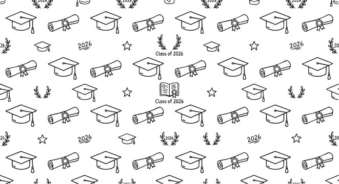 Seamless pattern of graduation caps and diplomas for academic achievements.