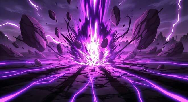 Epic anime energy beam erupting from cracked ground with glowing purple electricity and floating stones