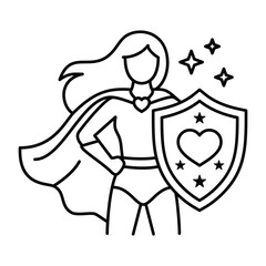 Female superhero standing, woman leader with waving cape, large shield containing heart, star symbols for feminism empowerment campaign line icon © Leksono