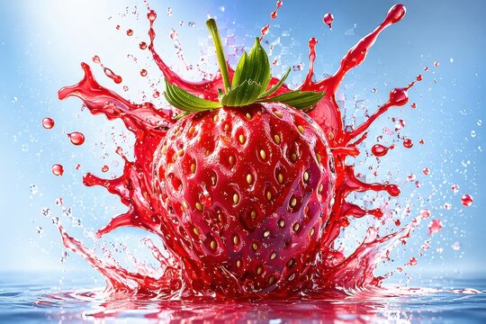 Juicy red strawberry exploding into refreshing liquid droplets and splashes against a bright blue background