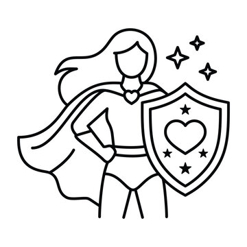 Female superhero standing, woman leader with waving cape, large shield containing heart, star symbols for feminism empowerment campaign line icon