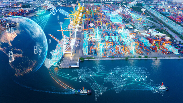 Futuristic container cargo ship terminal AI integrated artificial intelligence digital network systems. Conceptual global logistics featuring satellite communication, secure data management