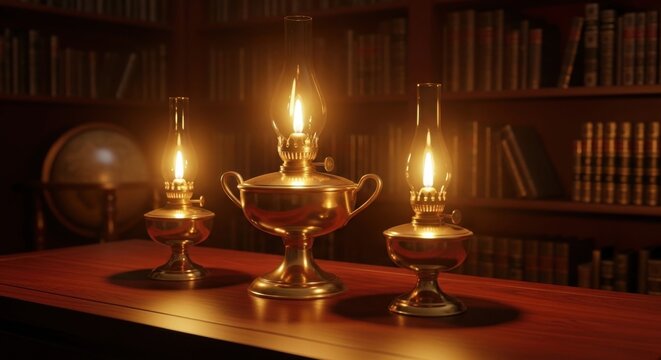 Three polished brass oil lamps with glowing wicks casting warm light on a wooden surface with bookshelves in the background.