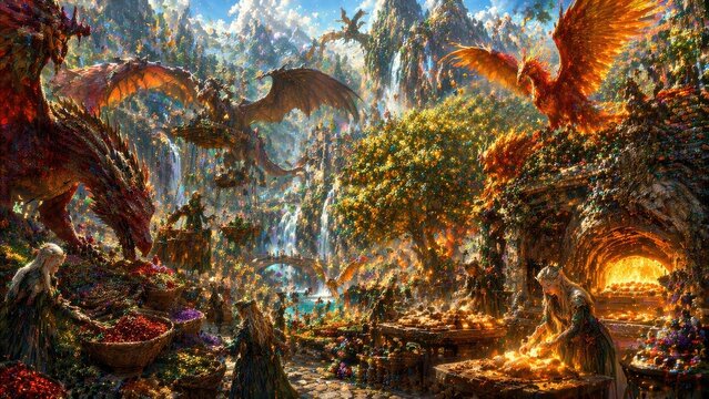 Majestic ancient dragons and mythical creatures inhabit a vibrant fantasy world with cascading waterfalls and lush vegetation