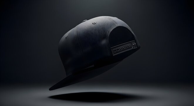 Black baseball cap with button on top and adjustable strap in the back floating in mid air against a dark gradient background with a shadow underneath ideal for fashion or sports