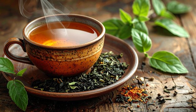 A steaming cup of tea on a saucer with leaves