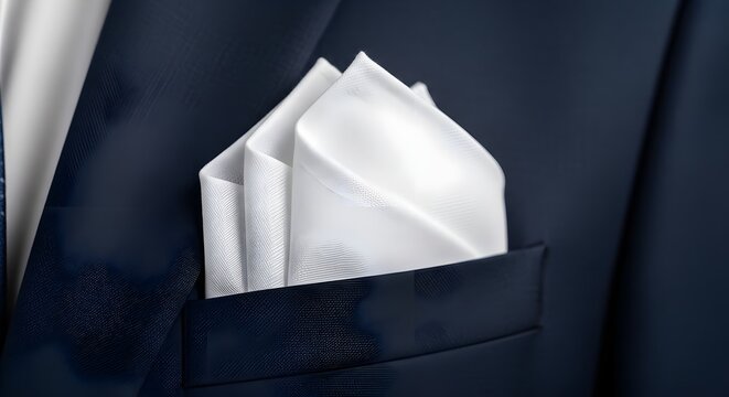 Close up of a white handkerchief in a navy blue suit pocket showcasing a stylish and elegant fashion accessory for formal events and business attire