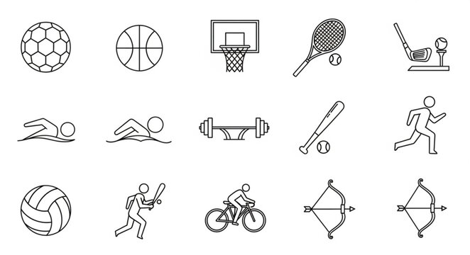 Collection of various sports equipment and activities in a line art style.