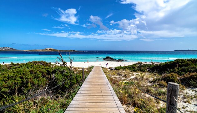 Beautiful view of Pelosa Beach (Spiaggia Della Pelosa). Stintino. La Pelosa beach, probably the most beautiful beach in Sardinia, Italy.