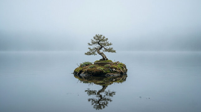 Minimalist Bonsai Tree on Small Island with Mirror Reflection