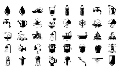Obraz premium A collection of black and white vector icons depicting various water-related symbols and objects