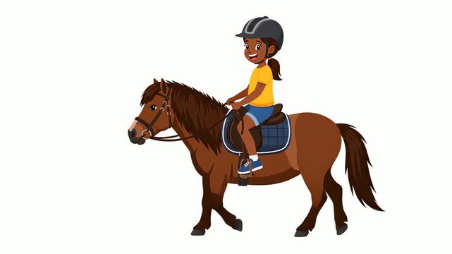 Happy little girl riding a brown pony illustration