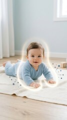Fototapeta premium A baby lies on a white mat in a light room. The baby is smiling and looking at the camera
