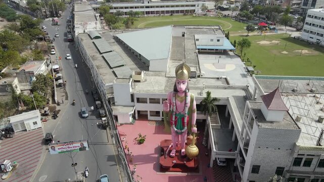 Colossal Lord Hanuman Statue in school building in Bathinda Punjab India.