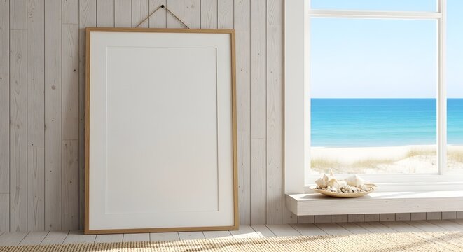 A large blank white poster frame with a light brown wooden border hanging on a whitewashed wood plank wall next to a window overlooking a serene beach scene with turquoise water and a