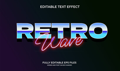 Retro wave text effect in 80s synthwave style with chrome gradient and neon glow. Editable EPS vector for poster, title, or vintage design. © StevenIrawan