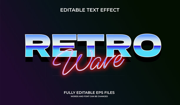 Retro wave text effect in 80s synthwave style with chrome gradient and neon glow. Editable EPS vector for poster, title, or vintage design.