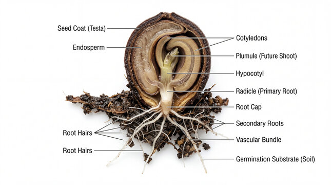 Anatomical cross section of germinating strangler fig seed and complex root system on white background