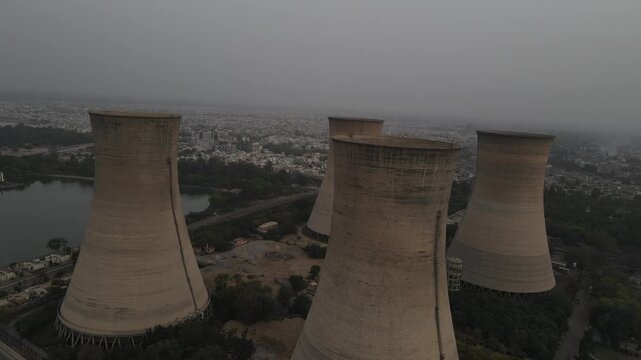 Aerial View of Thermal Power Plant Cooling Towers in Bathinda, Punjab, India.