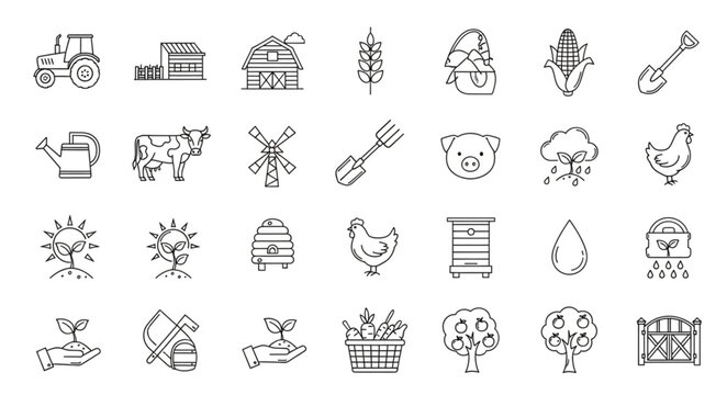 Farm life illustration with various agricultural elements and tools in a sketch style.