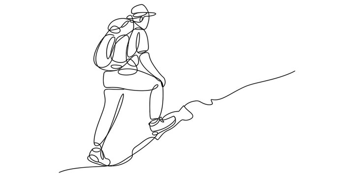A continuous line drawing of a backpacker hiking up a steep hill on a simple white background