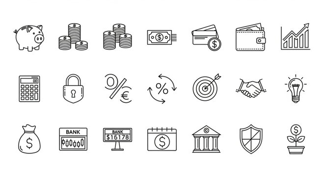 Financial and banking icons set, representing money and investment concepts.