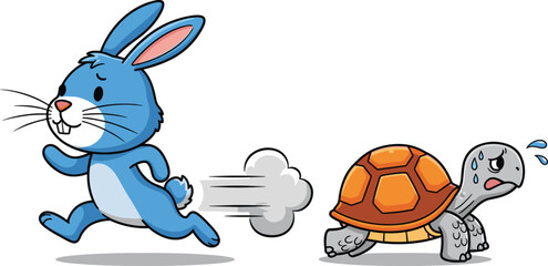 Cartoon Hare and Tortoise Illustration Showing the Classic Race with Humorous Expressions for Fable, Animal, and Friendship Designs © Rownok